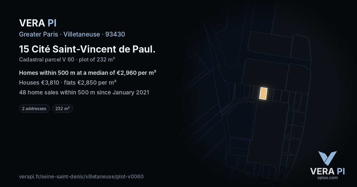 15 Cité Saint-Vincent de Paul, Villetaneuse at night – the plot lit, the parcels around coloured by the prices near them