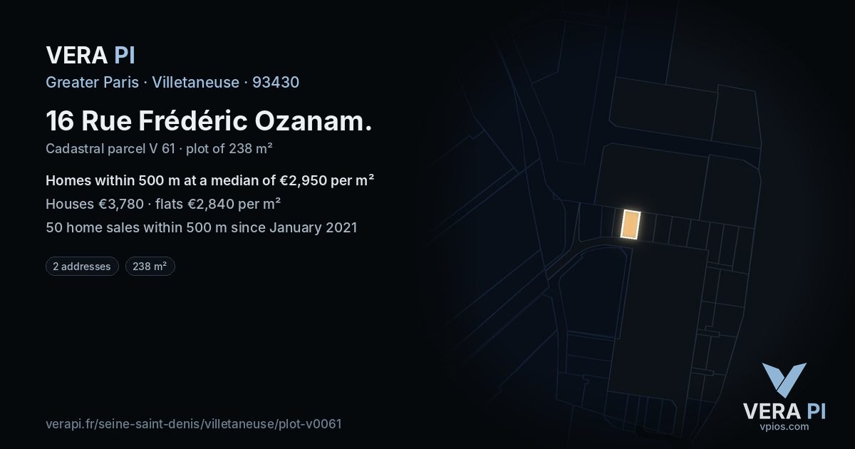 16 Rue Frédéric Ozanam, Villetaneuse at night – the plot lit, the parcels around coloured by the prices near them