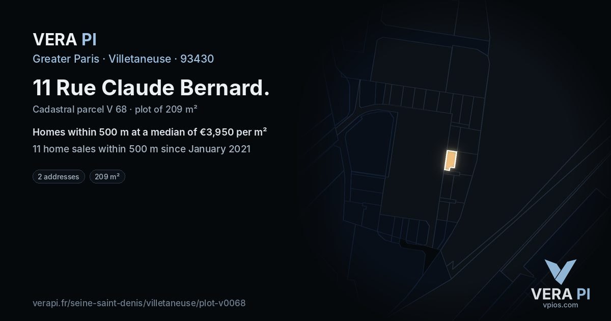 11 Rue Claude Bernard, Villetaneuse at night – the plot lit, the parcels around coloured by the prices near them