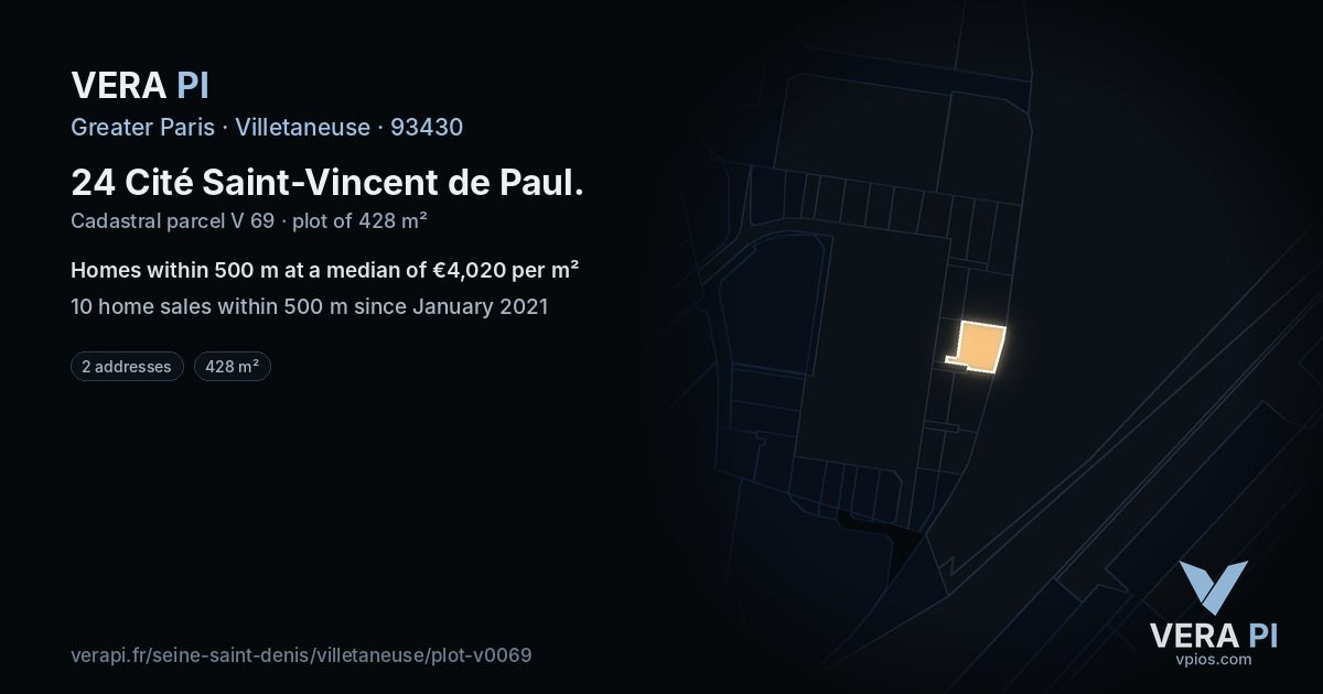 24 Cité Saint-Vincent de Paul, Villetaneuse at night – the plot lit, the parcels around coloured by the prices near them