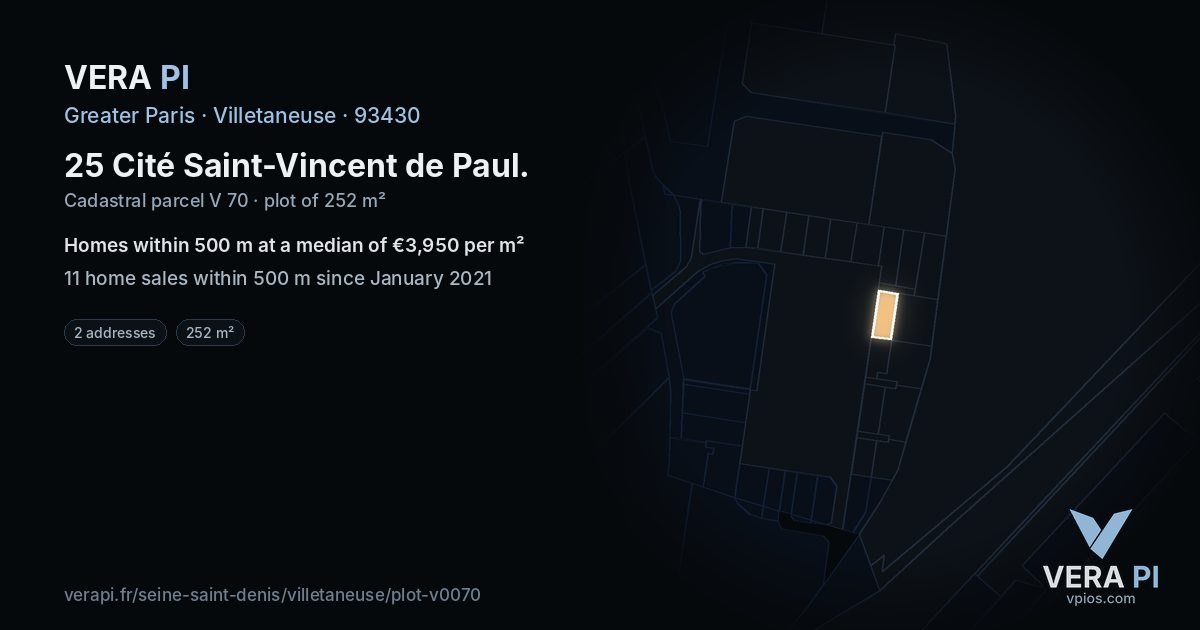 25 Cité Saint-Vincent de Paul, Villetaneuse at night – the plot lit, the parcels around coloured by the prices near them