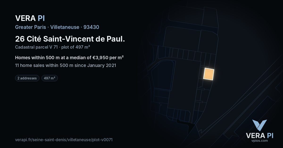 26 Cité Saint-Vincent de Paul, Villetaneuse at night – the plot lit, the parcels around coloured by the prices near them