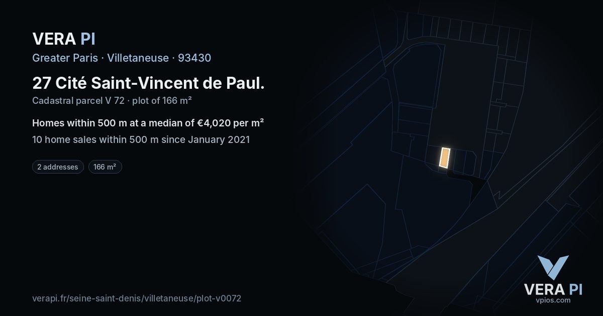 27 Cité Saint-Vincent de Paul, Villetaneuse at night – the plot lit, the parcels around coloured by the prices near them