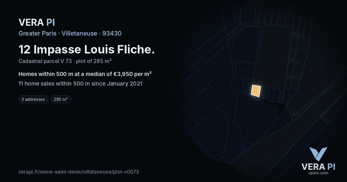 12 Impasse Louis Fliche, Villetaneuse at night – the plot lit, the parcels around coloured by the prices near them