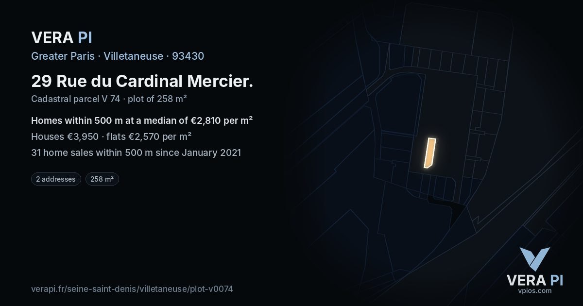29 Rue du Cardinal Mercier, Villetaneuse at night – the plot lit, the parcels around coloured by the prices near them