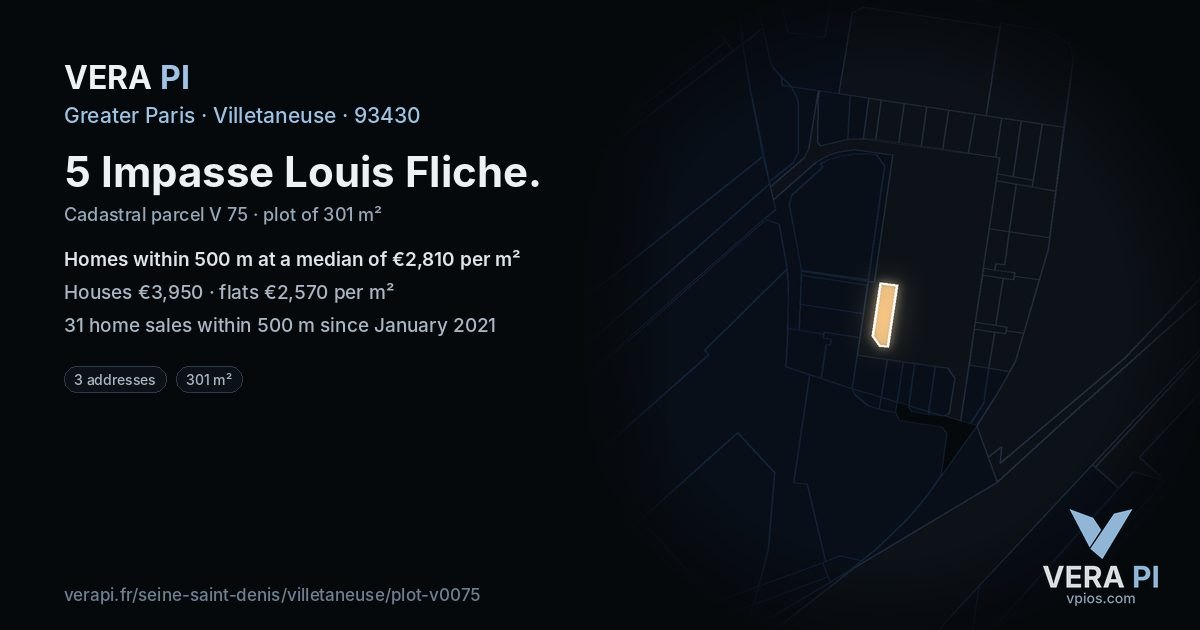 5 Impasse Louis Fliche, Villetaneuse at night – the plot lit, the parcels around coloured by the prices near them