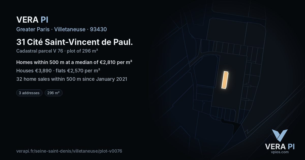 31 Cité Saint-Vincent de Paul, Villetaneuse at night – the plot lit, the parcels around coloured by the prices near them