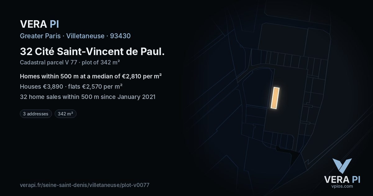 32 Cité Saint-Vincent de Paul, Villetaneuse at night – the plot lit, the parcels around coloured by the prices near them
