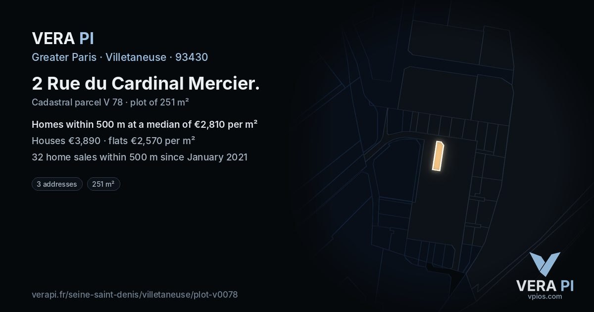 2 Rue du Cardinal Mercier, Villetaneuse at night – the plot lit, the parcels around coloured by the prices near them