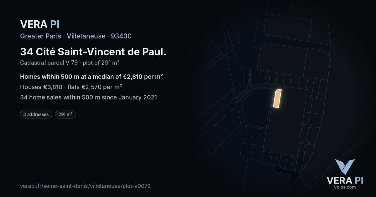 34 Cité Saint-Vincent de Paul, Villetaneuse at night – the plot lit, the parcels around coloured by the prices near them