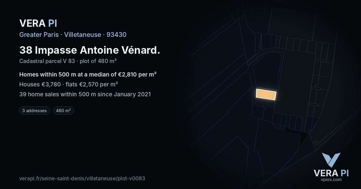 38 Impasse Antoine Vénard, Villetaneuse at night – the plot lit, the parcels around coloured by the prices near them