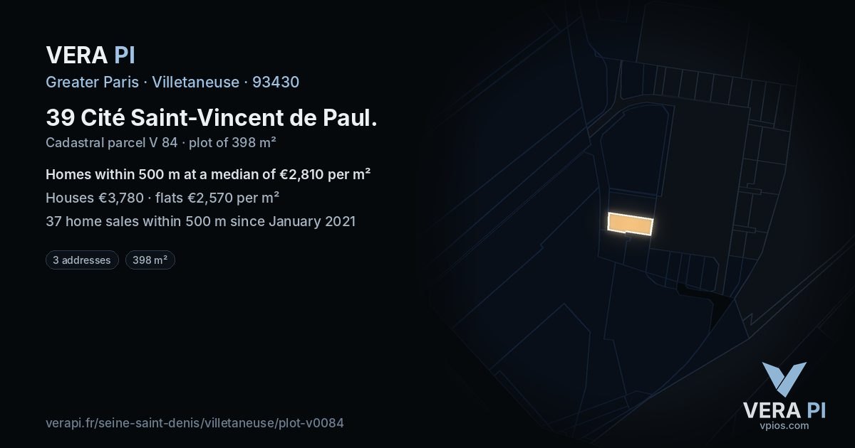 39 Cité Saint-Vincent de Paul, Villetaneuse at night – the plot lit, the parcels around coloured by the prices near them