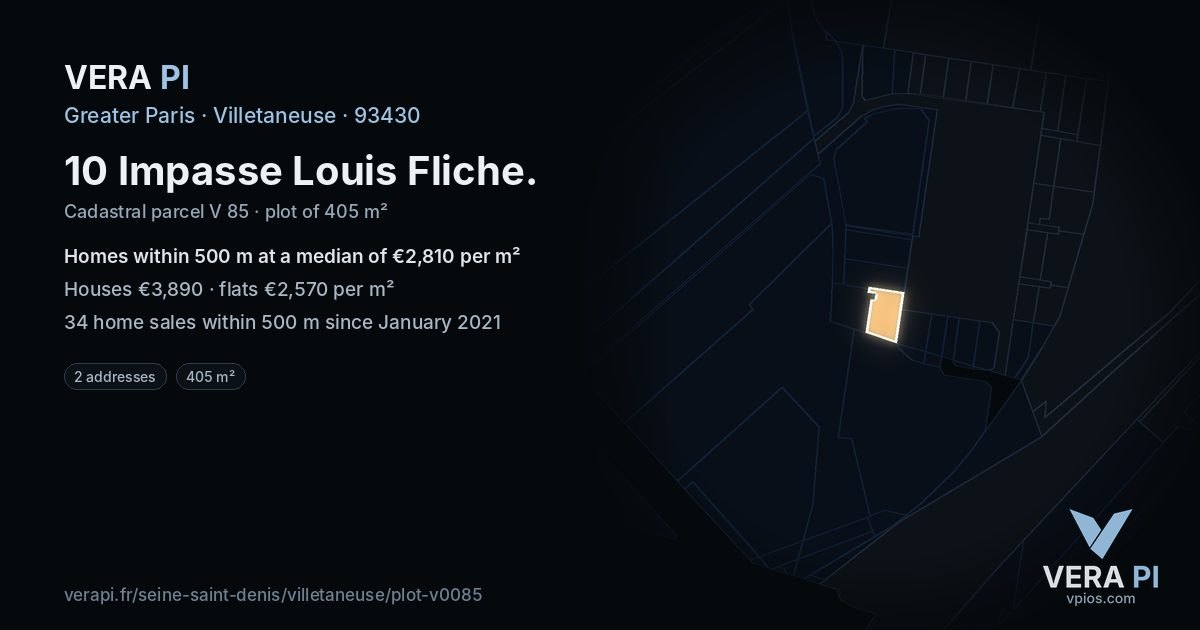10 Impasse Louis Fliche, Villetaneuse at night – the plot lit, the parcels around coloured by the prices near them