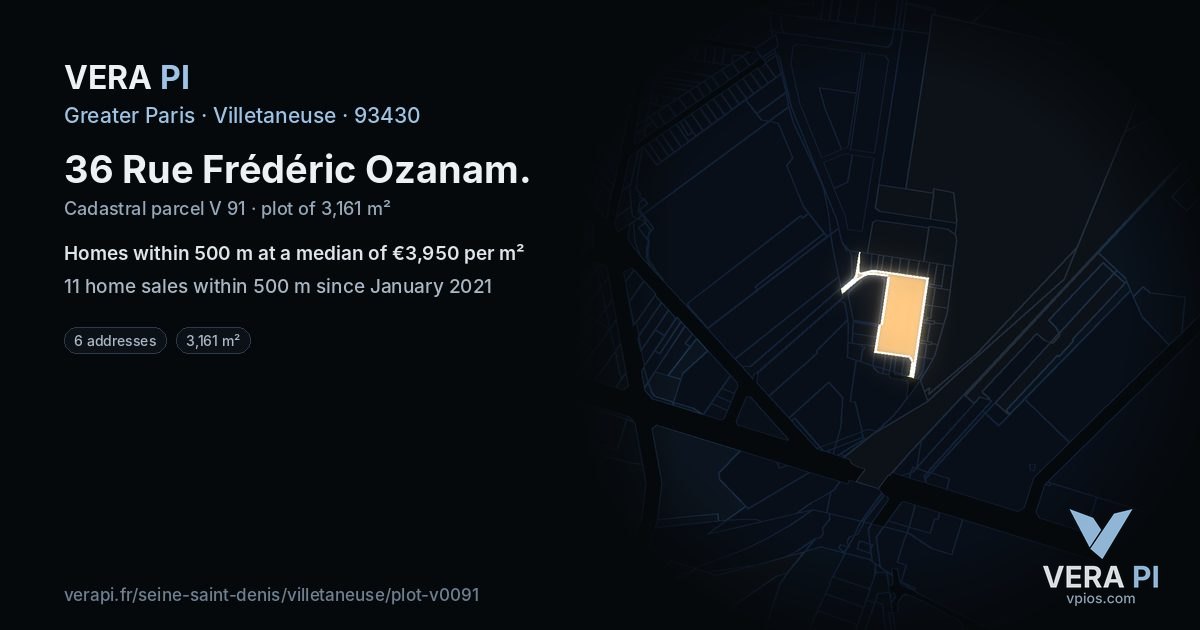 36 Rue Frédéric Ozanam, Villetaneuse at night – the plot lit, the parcels around coloured by the prices near them