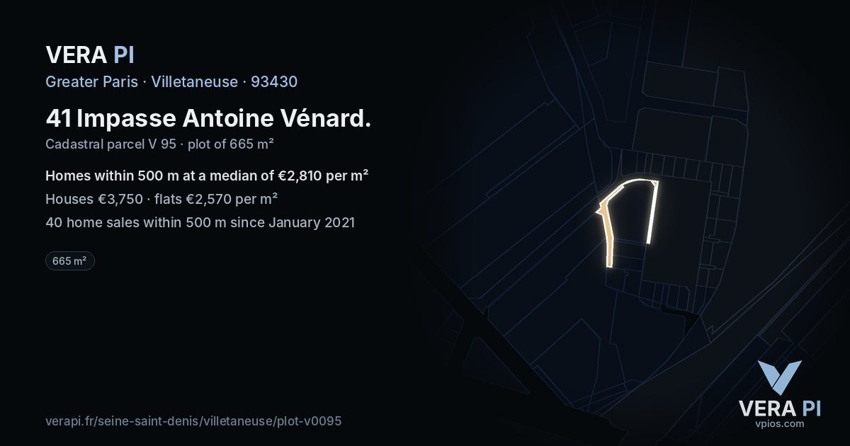 41 Impasse Antoine Vénard, Villetaneuse at night – the plot lit, the parcels around coloured by the prices near them