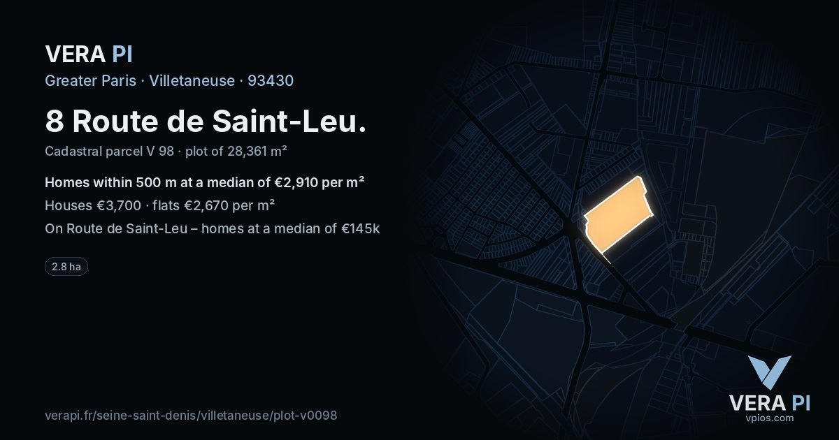 8 Route de Saint-Leu, Villetaneuse at night – the plot lit, the parcels around coloured by the prices near them