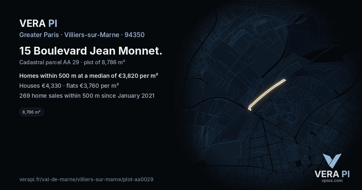 15 Boulevard Jean Monnet, Villiers-sur-Marne at night – the plot lit, the parcels around coloured by the prices near them