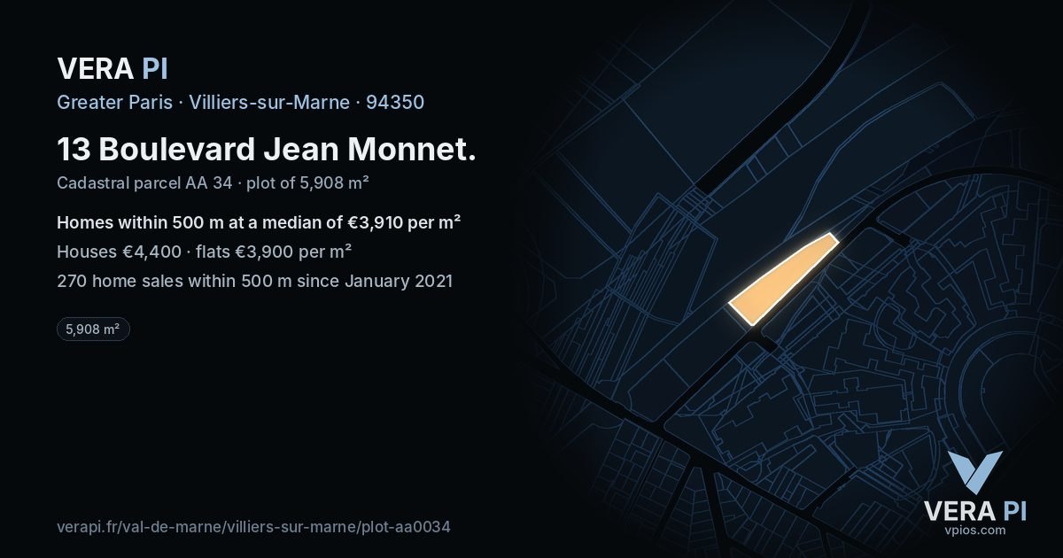 13 Boulevard Jean Monnet, Villiers-sur-Marne at night – the plot lit, the parcels around coloured by the prices near them