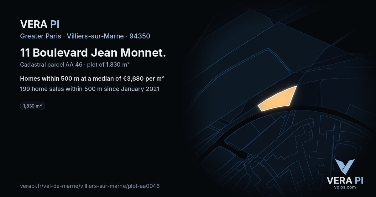 11 Boulevard Jean Monnet, Villiers-sur-Marne at night – the plot lit, the parcels around coloured by the prices near them