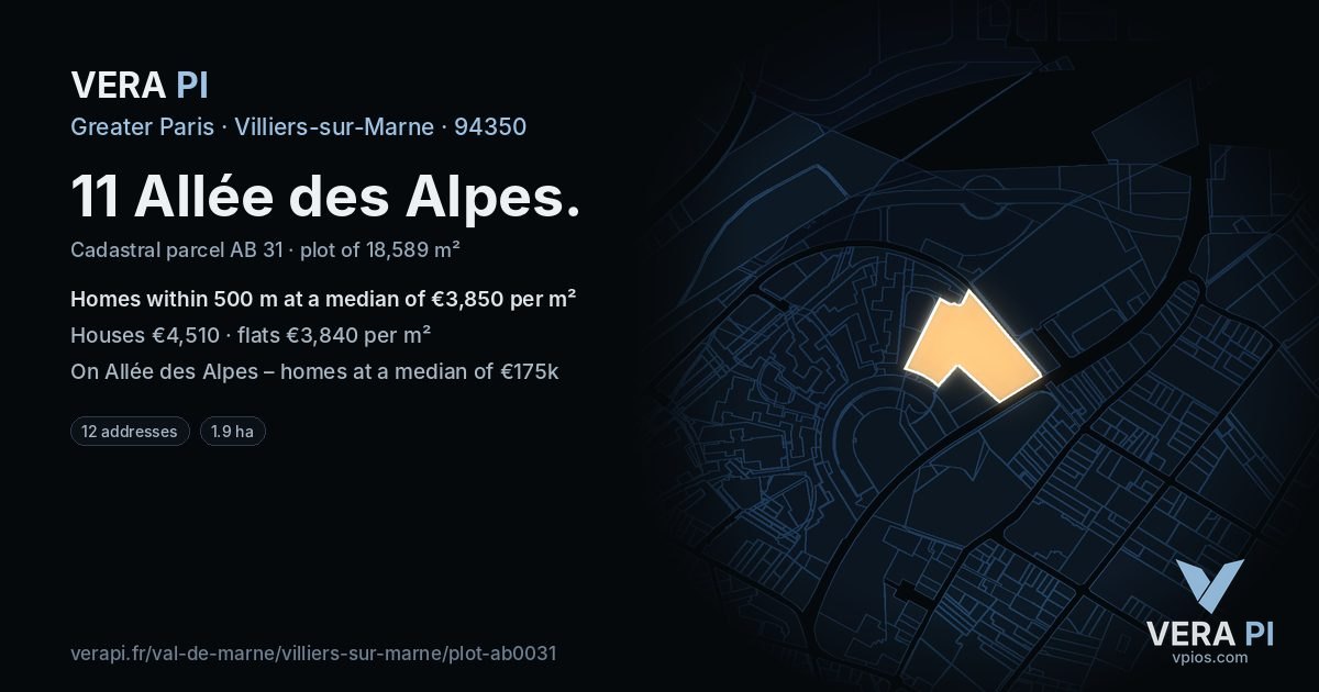 11 Allée des Alpes, Villiers-sur-Marne at night – the plot lit, the parcels around coloured by the prices near them