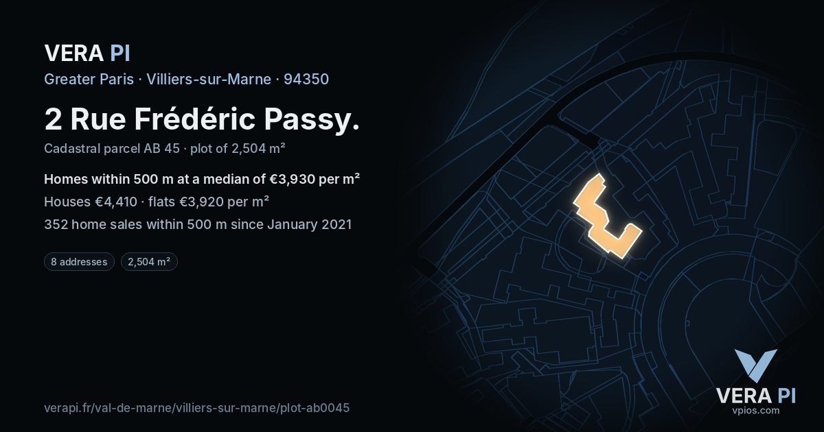 2 Rue Frédéric Passy, Villiers-sur-Marne at night – the plot lit, the parcels around coloured by the prices near them