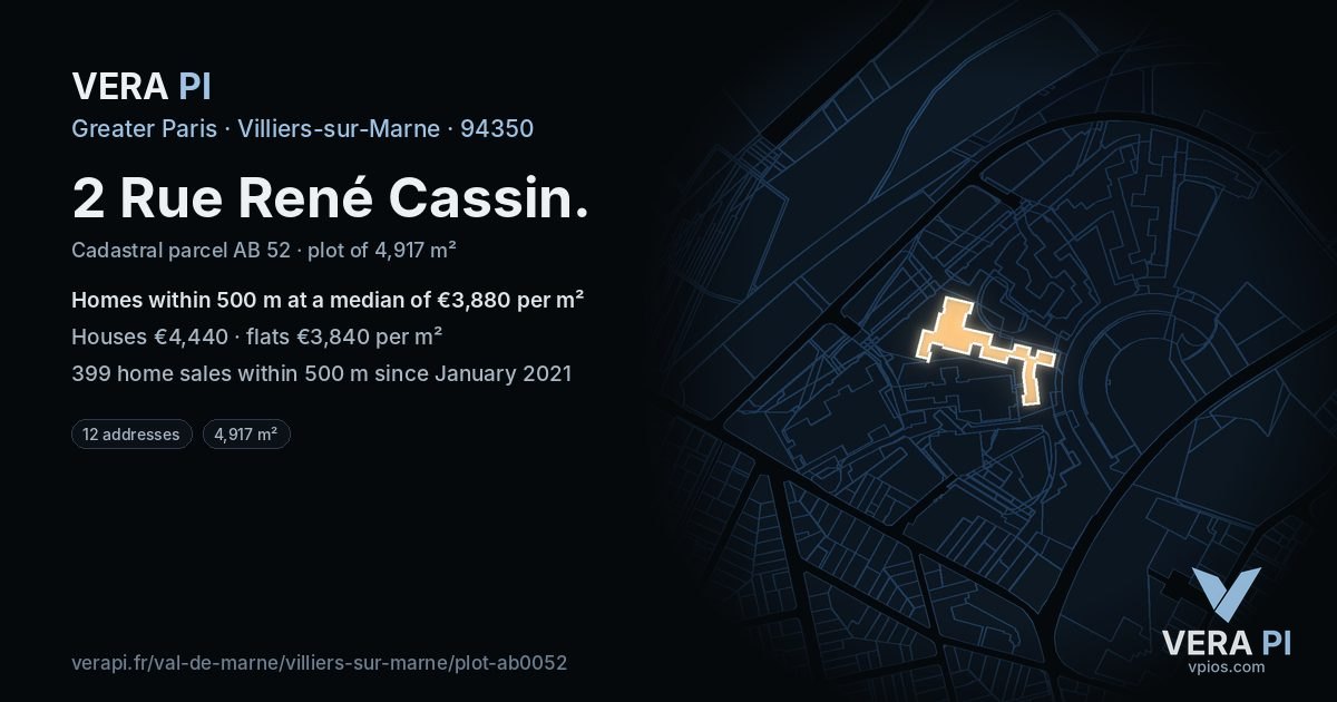 2 Rue René Cassin, Villiers-sur-Marne at night – the plot lit, the parcels around coloured by the prices near them