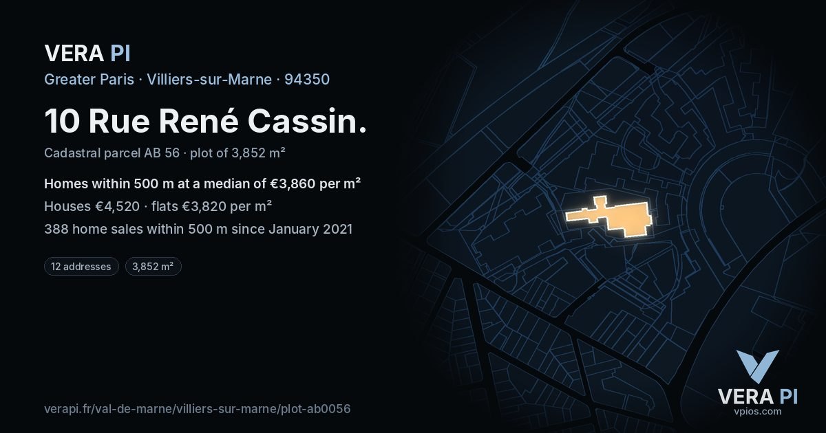 10 Rue René Cassin, Villiers-sur-Marne at night – the plot lit, the parcels around coloured by the prices near them