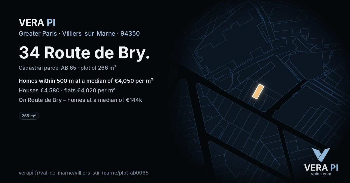34 Route de Bry, Villiers-sur-Marne at night – the plot lit, the parcels around coloured by the prices near them