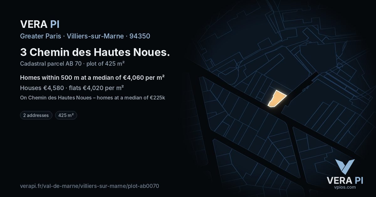 3 Chemin des Hautes Noues, Villiers-sur-Marne at night – the plot lit, the parcels around coloured by the prices near them