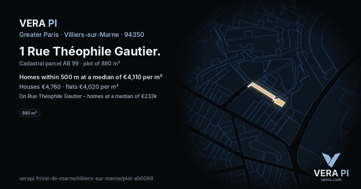 1 Rue Théophile Gautier, Villiers-sur-Marne at night – the plot lit, the parcels around coloured by the prices near them