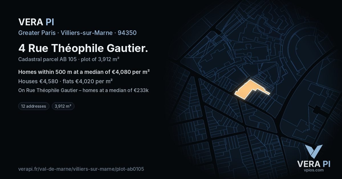 4 Rue Théophile Gautier, Villiers-sur-Marne at night – the plot lit, the parcels around coloured by the prices near them