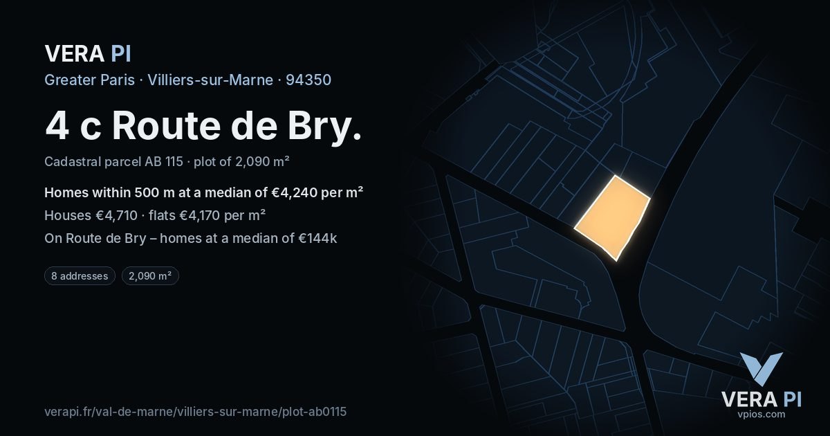 4 c Route de Bry, Villiers-sur-Marne at night – the plot lit, the parcels around coloured by the prices near them