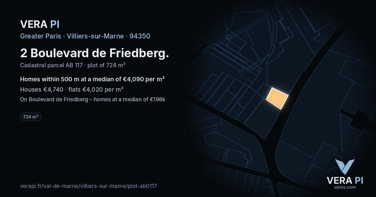 2 Boulevard de Friedberg, Villiers-sur-Marne at night – the plot lit, the parcels around coloured by the prices near them