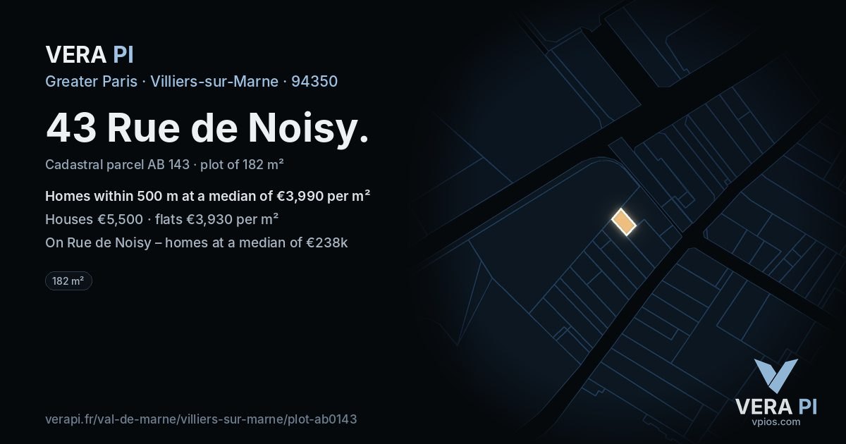 43 Rue de Noisy, Villiers-sur-Marne at night – the plot lit, the parcels around coloured by the prices near them