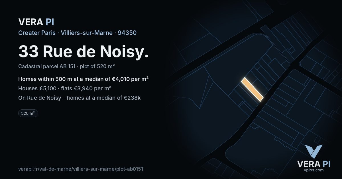 33 Rue de Noisy, Villiers-sur-Marne at night – the plot lit, the parcels around coloured by the prices near them