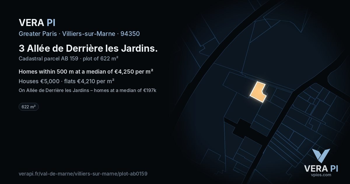 3 Allée de Derrière les Jardins, Villiers-sur-Marne at night – the plot lit, the parcels around coloured by the prices near them