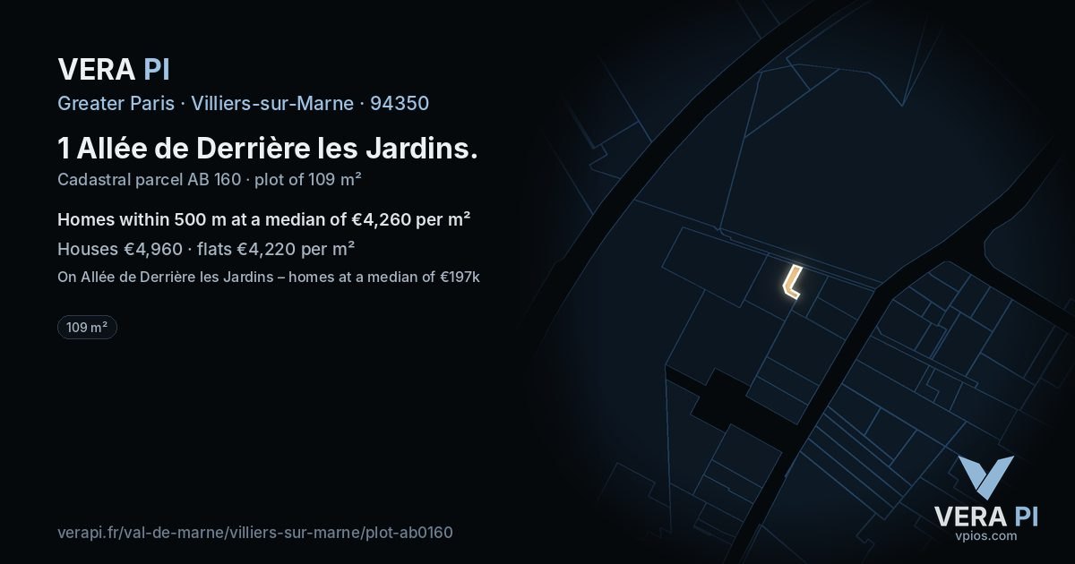 1 Allée de Derrière les Jardins, Villiers-sur-Marne at night – the plot lit, the parcels around coloured by the prices near them