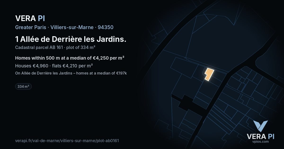 1 Allée de Derrière les Jardins, Villiers-sur-Marne at night – the plot lit, the parcels around coloured by the prices near them