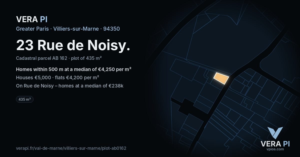23 Rue de Noisy, Villiers-sur-Marne at night – the plot lit, the parcels around coloured by the prices near them