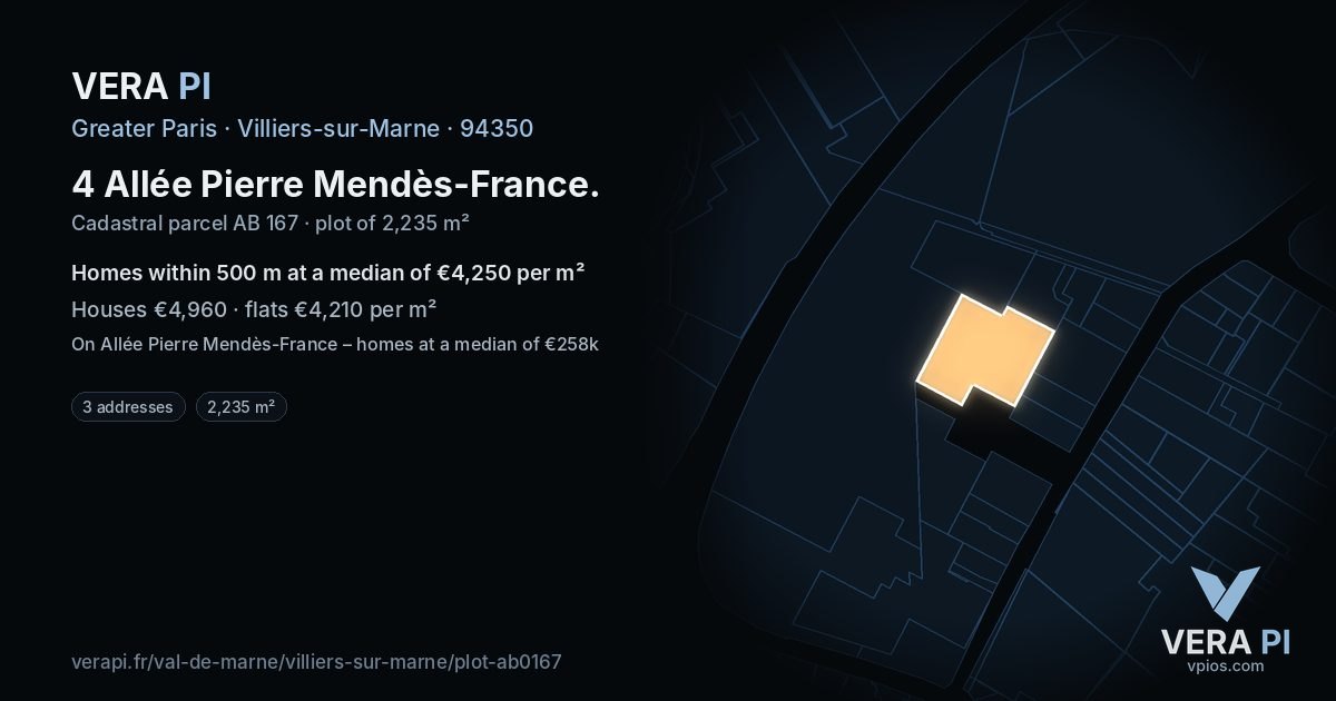 4 Allée Pierre Mendès-France, Villiers-sur-Marne at night – the plot lit, the parcels around coloured by the prices near them