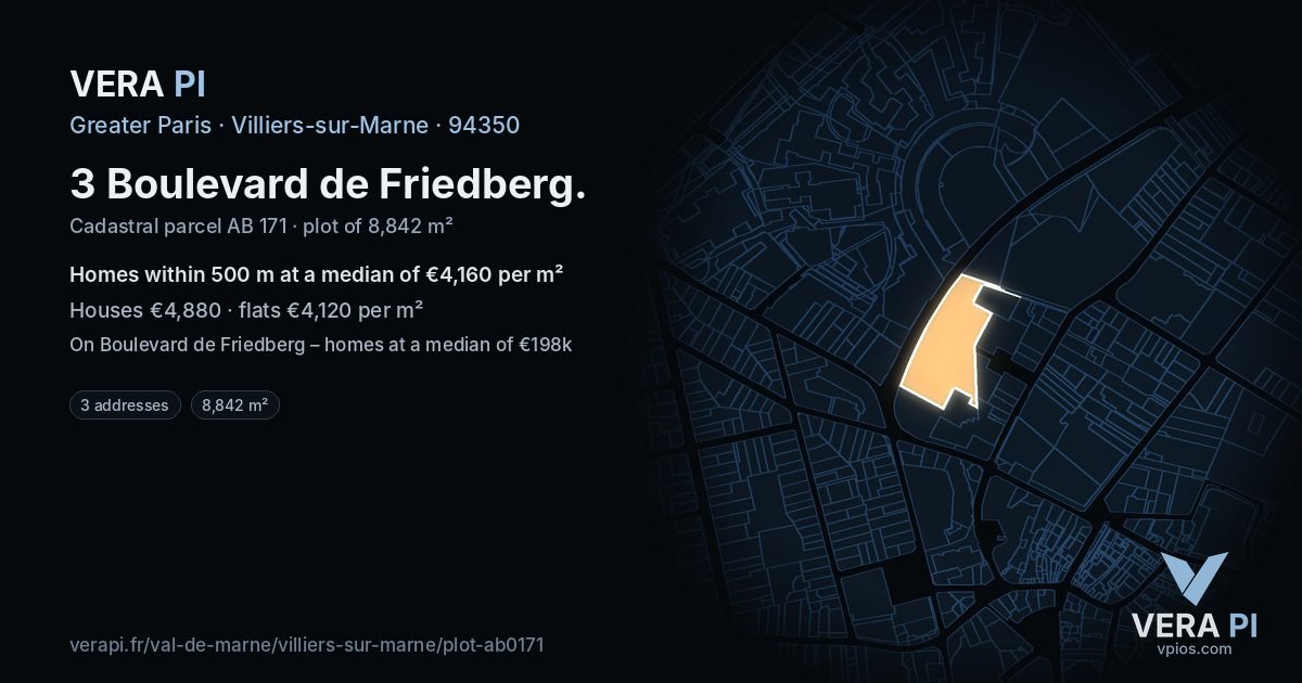 3 Boulevard de Friedberg, Villiers-sur-Marne at night – the plot lit, the parcels around coloured by the prices near them