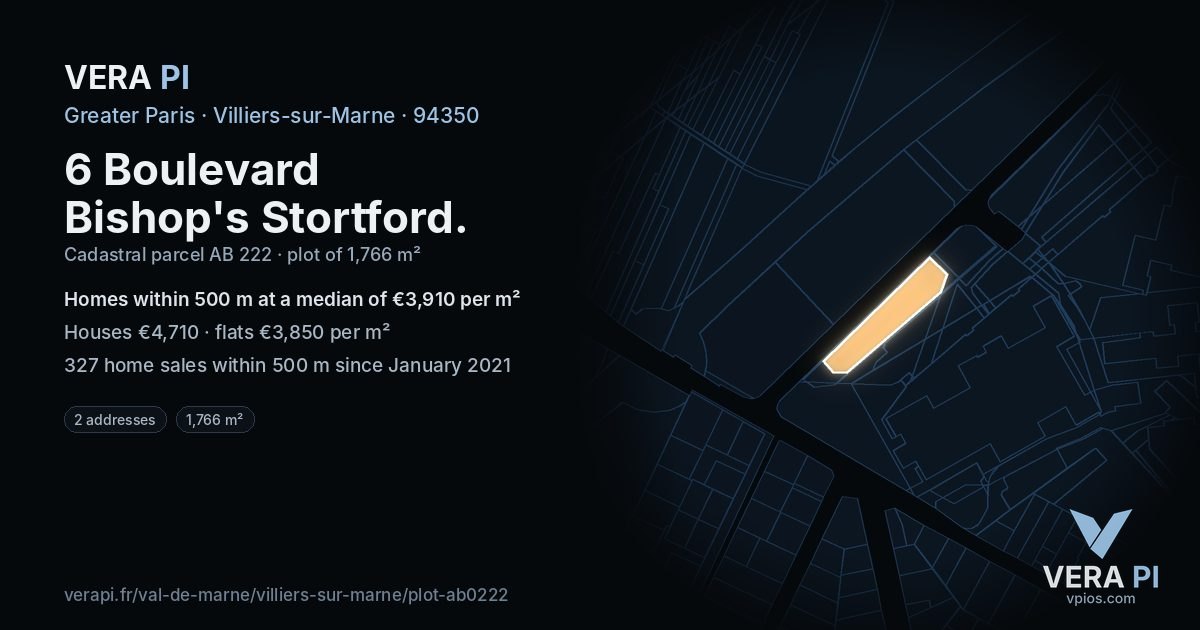 6 Boulevard Bishop's Stortford, Villiers-sur-Marne at night – the plot lit, the parcels around coloured by the prices near them