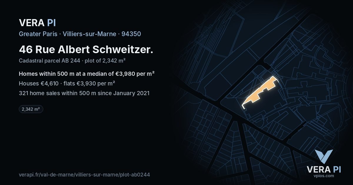 46 Rue Albert Schweitzer, Villiers-sur-Marne at night – the plot lit, the parcels around coloured by the prices near them