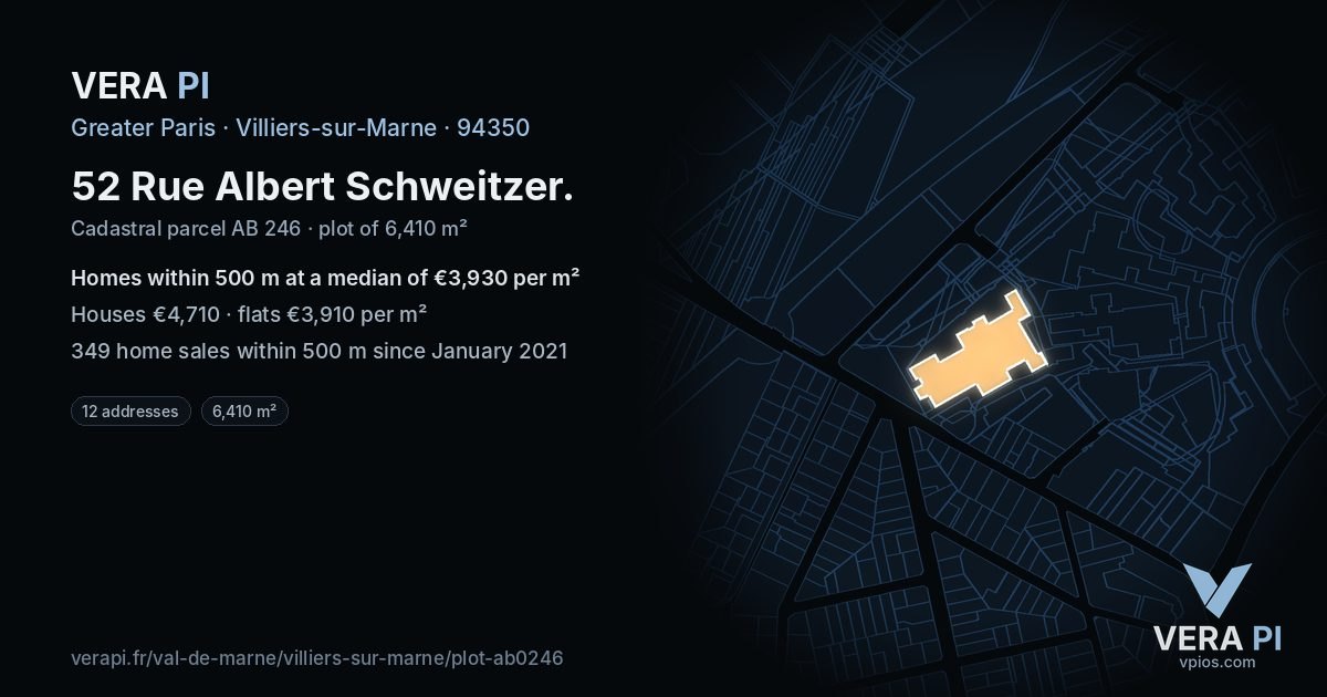 52 Rue Albert Schweitzer, Villiers-sur-Marne at night – the plot lit, the parcels around coloured by the prices near them