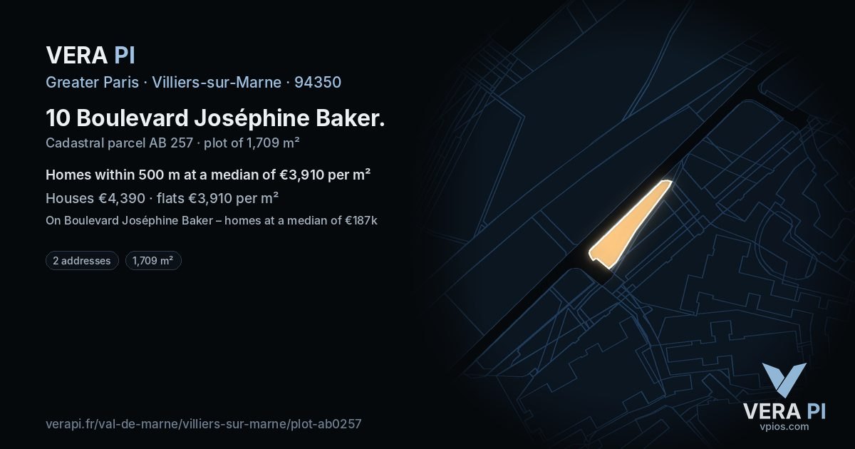 10 Boulevard Joséphine Baker, Villiers-sur-Marne at night – the plot lit, the parcels around coloured by the prices near them