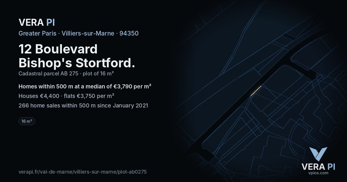 12 Boulevard Bishop's Stortford, Villiers-sur-Marne at night – the plot lit, the parcels around coloured by the prices near them
