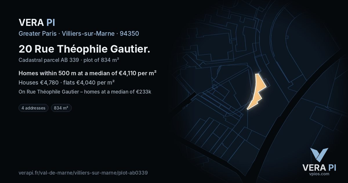 20 Rue Théophile Gautier, Villiers-sur-Marne at night – the plot lit, the parcels around coloured by the prices near them