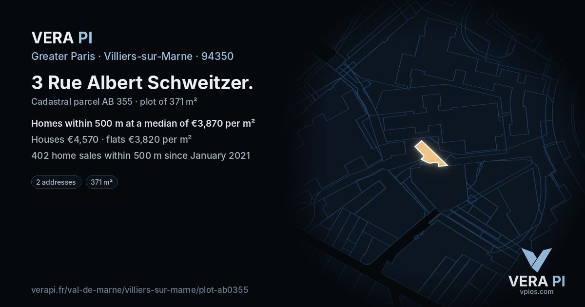 3 Rue Albert Schweitzer, Villiers-sur-Marne at night – the plot lit, the parcels around coloured by the prices near them