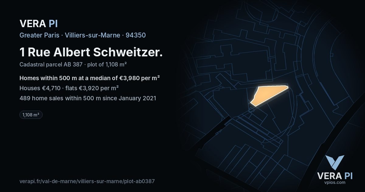 1 Rue Albert Schweitzer, Villiers-sur-Marne at night – the plot lit, the parcels around coloured by the prices near them