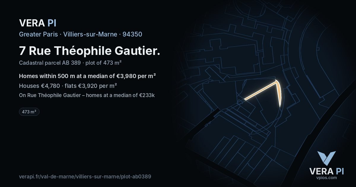 7 Rue Théophile Gautier, Villiers-sur-Marne at night – the plot lit, the parcels around coloured by the prices near them
